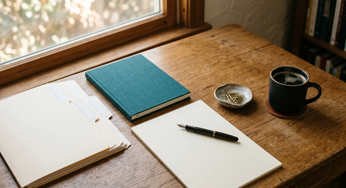 Overhead view of a tidy oak desk with manila folders, a teal notebook, and a cup of coffee in soft window light