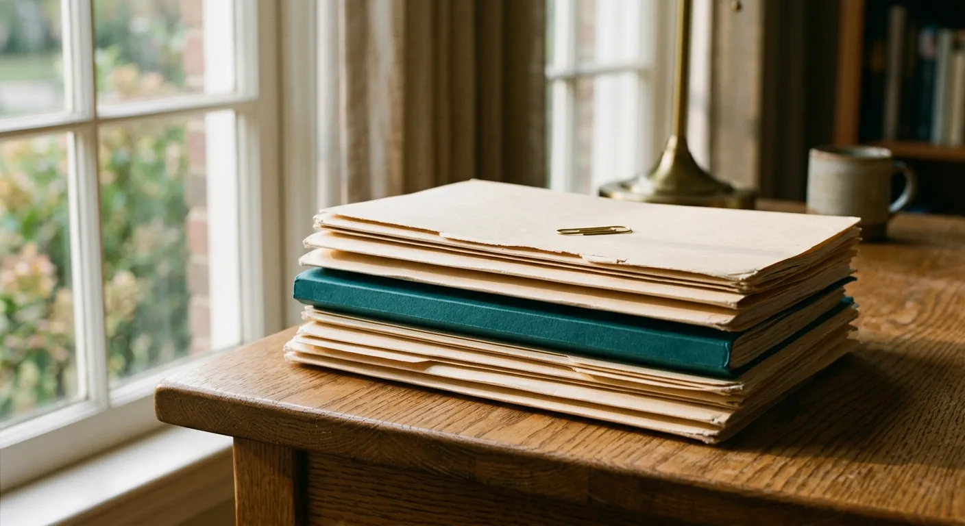 A stack of manila folders with one teal folder in the middle, on a desk beside a window